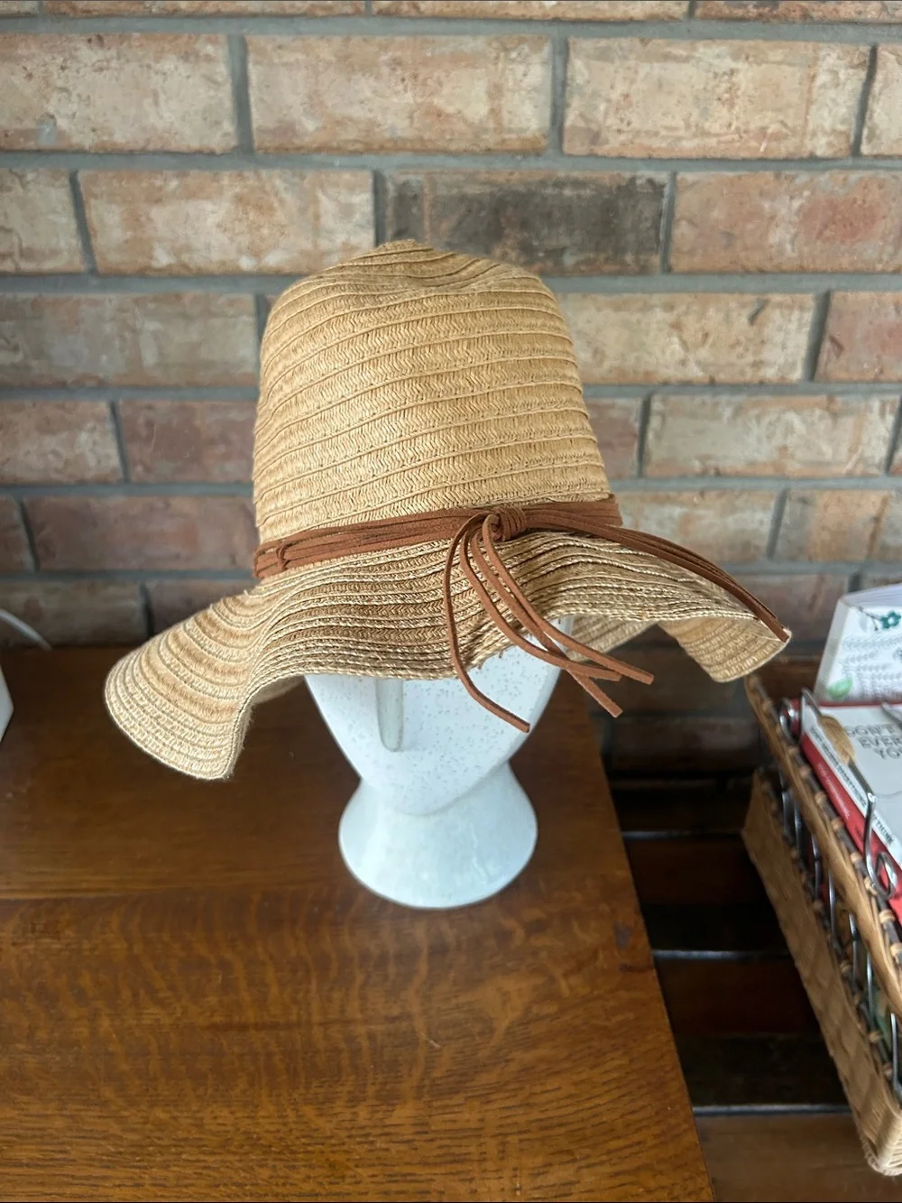 Steve Madden Tan Straw Floppy Sun Hat with Brown Braided Band